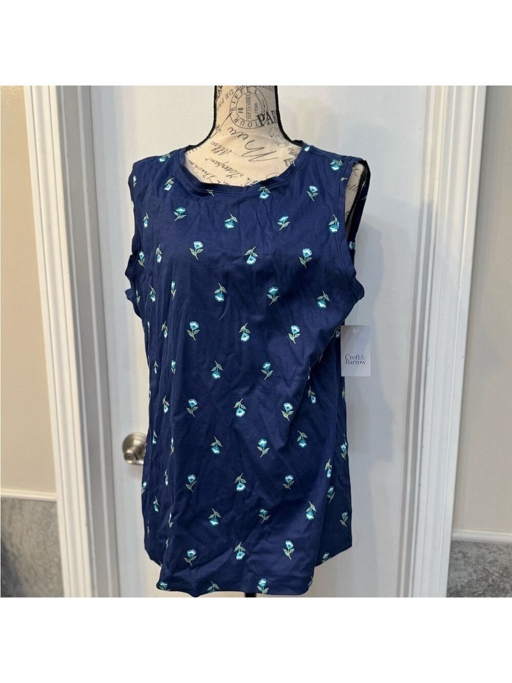 Navy Sleeveless Top with Floral Print